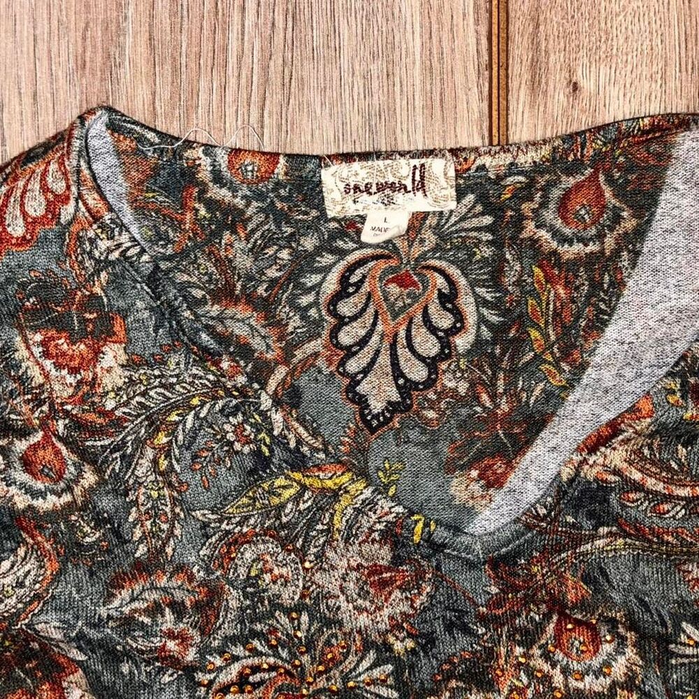 Green And Gold 3/4 Sleeve Womens OneWorld Boho Vibe Blouse (L) - Picture 4 of 5